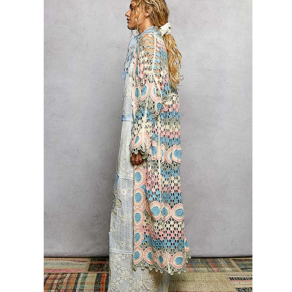 POL Crochet Openwork Long Cardigan in Cream, Light Blue, Blush